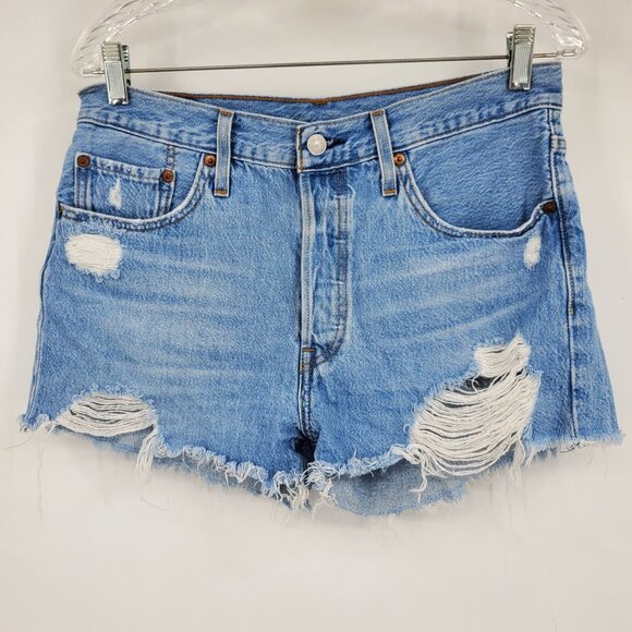 Levi's 501 High Rise Button Fly Women's Distressed Denim Jean Shorts Size 29 - Picture 1 of 9